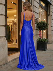 Emerald Green Beaded Corset Satin Long Prom Dress with Slit