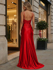 Emerald Green Beaded Corset Satin Long Prom Dress with Slit
