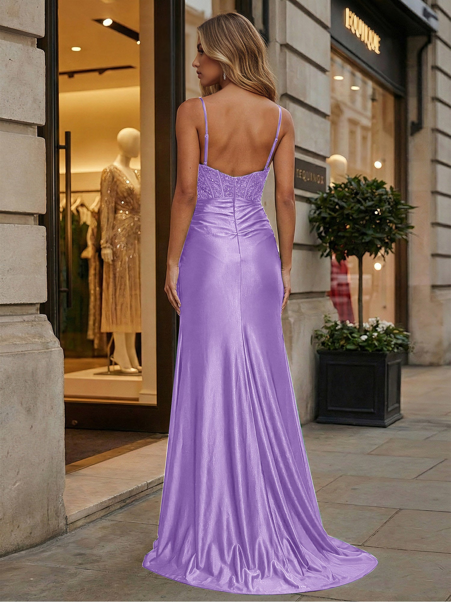 Emerald Green Beaded Corset Satin Long Prom Dress with Slit