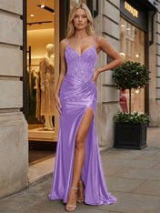 Emerald Green Beaded Corset Satin Long Prom Dress with Slit