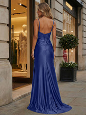 Emerald Green Beaded Corset Satin Long Prom Dress with Slit