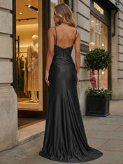 Emerald Green Beaded Corset Satin Long Prom Dress with Slit