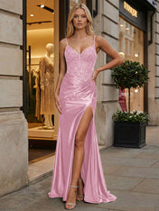 Emerald Green Beaded Corset Satin Long Prom Dress with Slit