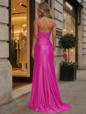 Emerald Green Beaded Corset Satin Long Prom Dress with Slit