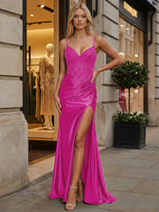 Emerald Green Beaded Corset Satin Long Prom Dress with Slit