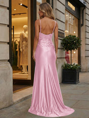Emerald Green Beaded Corset Satin Long Prom Dress with Slit