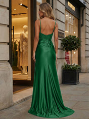 Emerald Green Beaded Corset Satin Long Prom Dress with Slit
