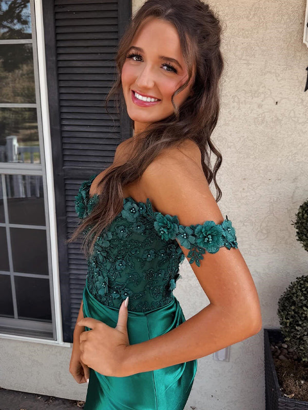 Emerald Green Bodycon Off The Shoulder Lace Top Short Satin Homecoming Dress