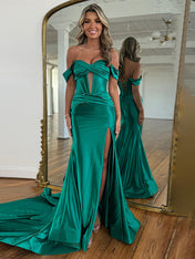 Red Mermaid Off the Shoulder Corset Long Prom Dress with Slit