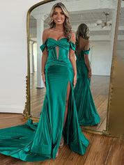 Red Mermaid Off the Shoulder Corset Long Prom Dress with Slit