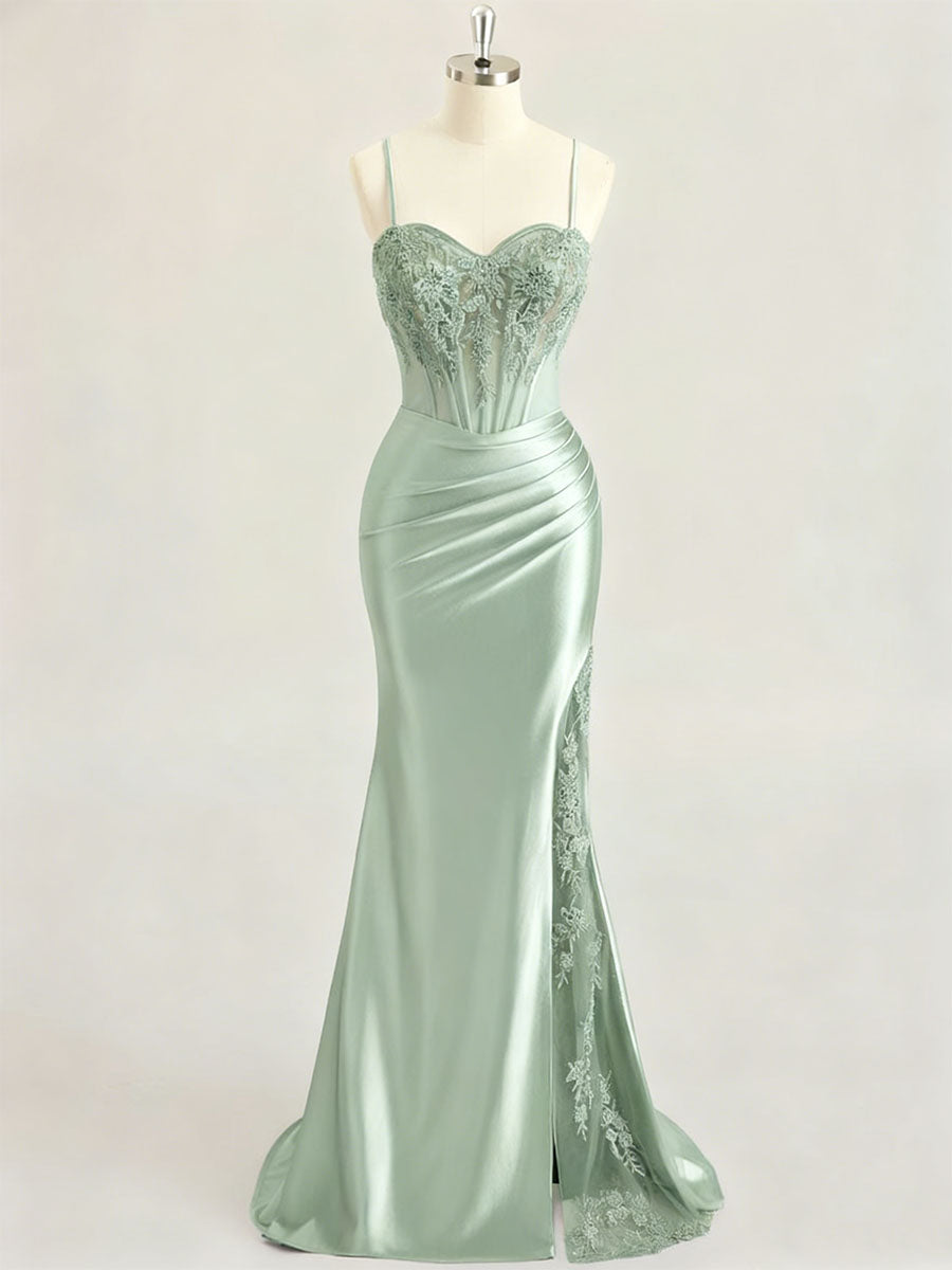 Emerald Green Ruched Waist Satin Corset Prom Dress with Sheer Lace Side Panel