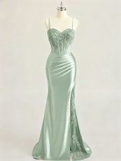 Emerald Green Ruched Waist Satin Corset Prom Dress with Sheer Lace Side Panel