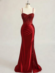 Emerald Green Ruched Waist Satin Corset Prom Dress with Sheer Lace Side Panel