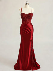 Emerald Green Ruched Waist Satin Corset Prom Dress with Sheer Lace Side Panel