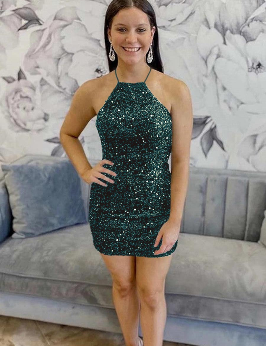 Black Sequin Halter Backless Short Homecoming Dress