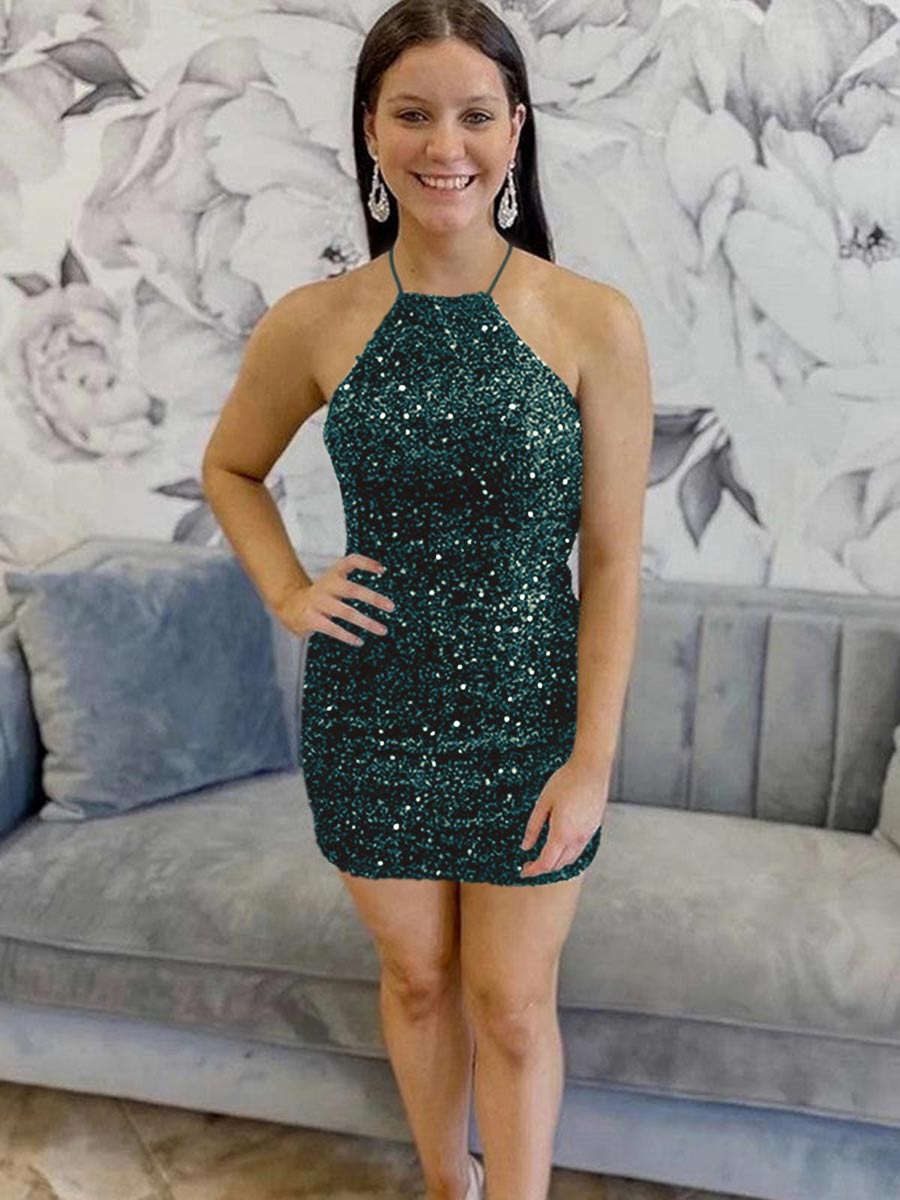 Black Sequin Halter Backless Short Homecoming Dress
