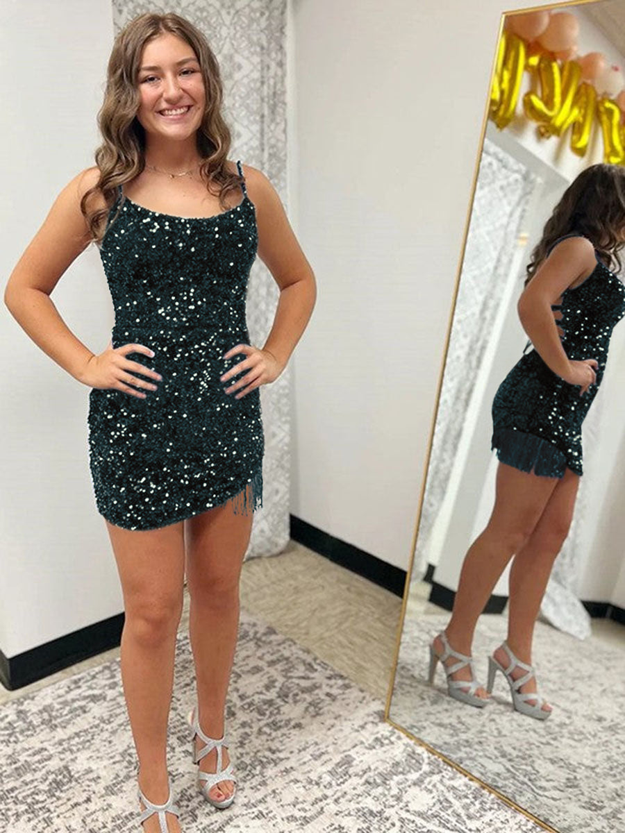 Royal Blue Fitted Spaghetti Straps Short Sequin Homecoming Dress