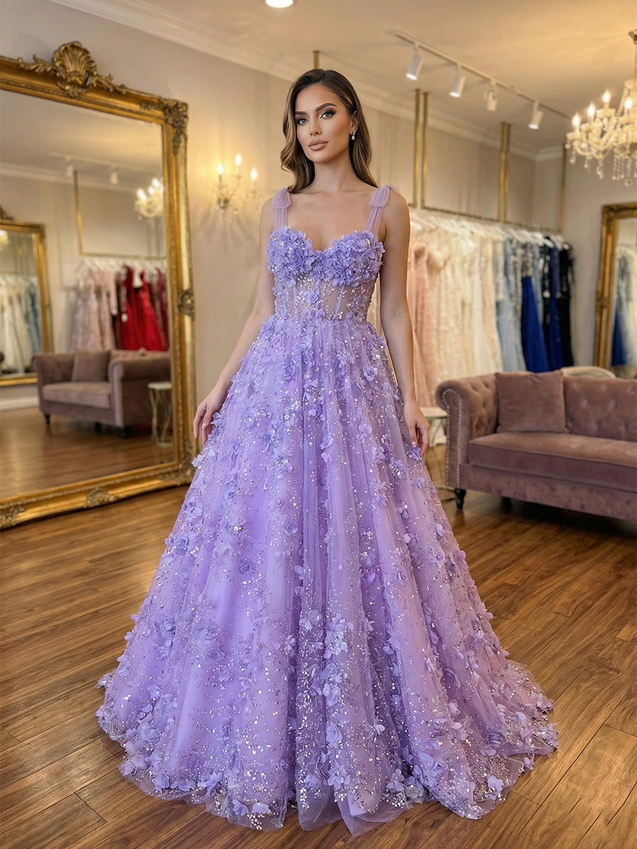 Enchanting Lilac A Line 3D Floral Corset Long Prom Dresses