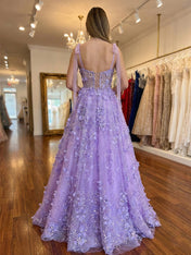 Enchanting Lilac A Line 3D Floral Corset Long Prom Dresses