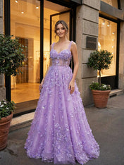 Enchanting Lilac A Line 3D Floral Corset Long Prom Dresses