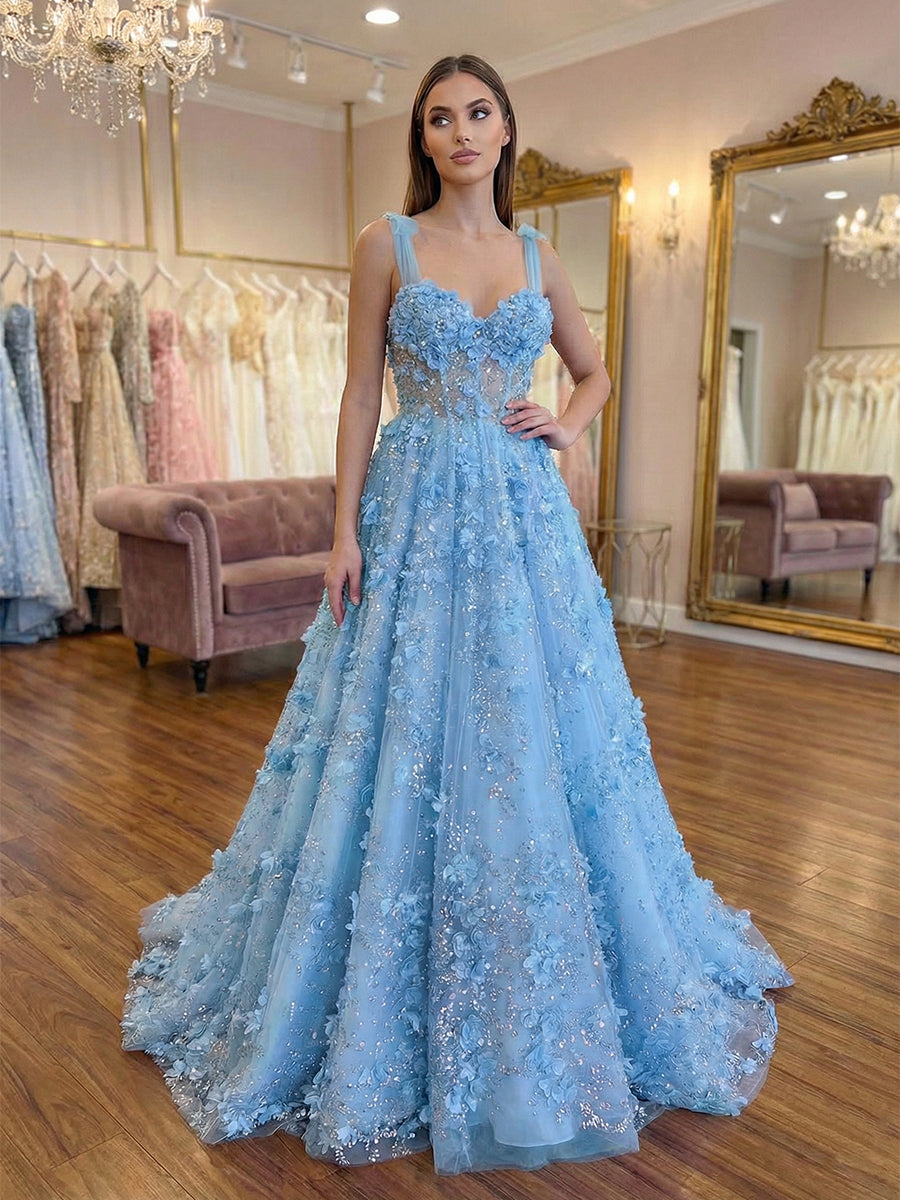 Enchanting Lilac A Line 3D Floral Corset Long Prom Dresses