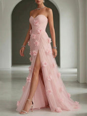 Ethereal Blush Slit 3D Floral Strapless Tulle Gown Dress