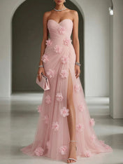 Ethereal Blush Slit 3D Floral Strapless Tulle Gown Dress