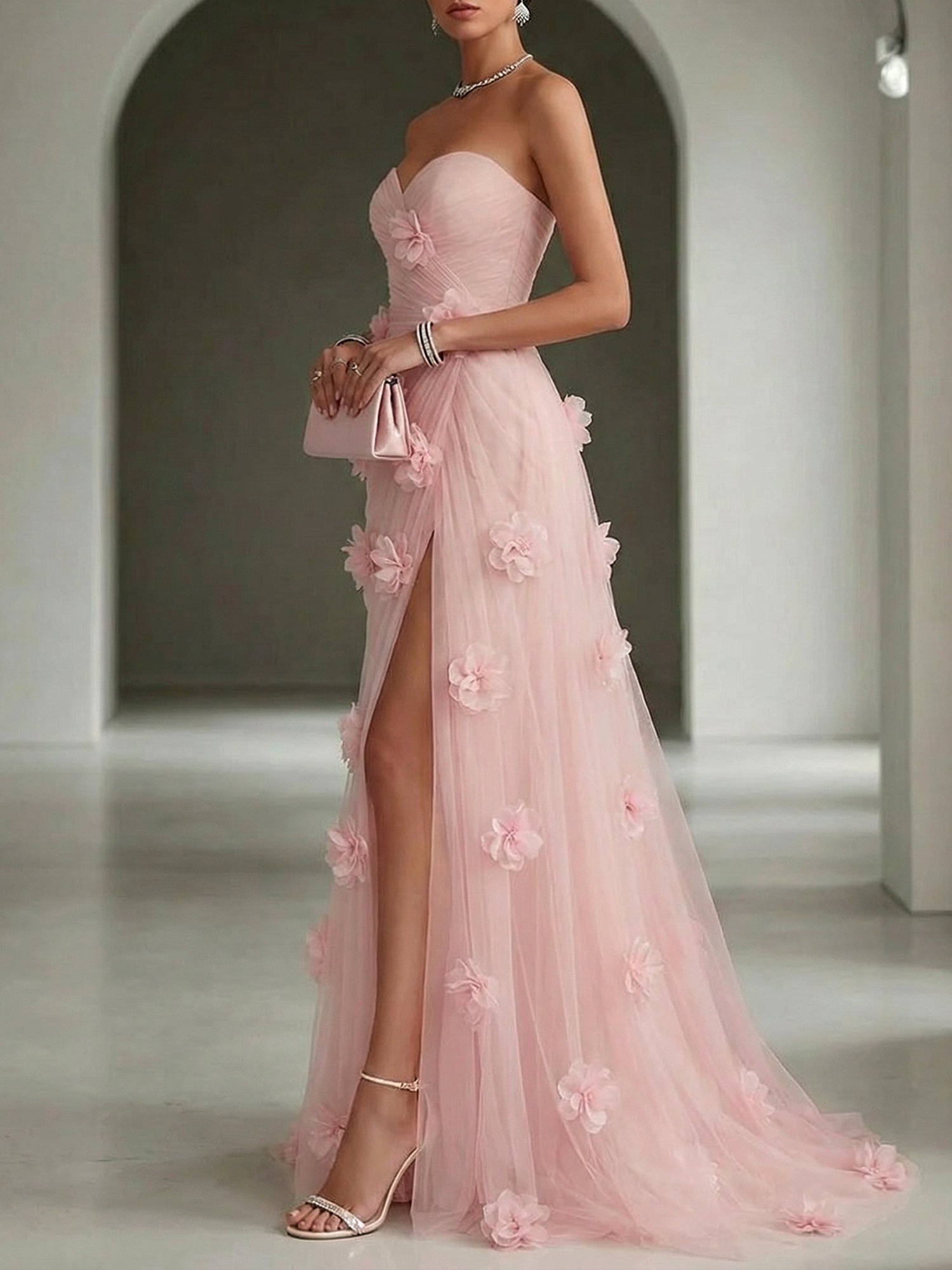 Ethereal Blush Slit 3D Floral Strapless Tulle Gown Dress