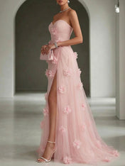 Ethereal Blush Slit 3D Floral Strapless Tulle Gown Dress