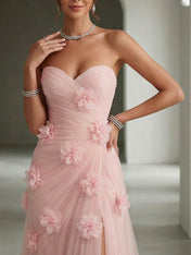 Ethereal Blush Slit 3D Floral Strapless Tulle Gown Dress