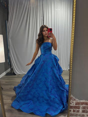 Ethereal Dark Blue Glitter Tulle Prom Dress with Floral Embroidery