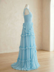 Ethereal Sky Blue Tiered Ruffle Chiffon Maxi Dress Gown