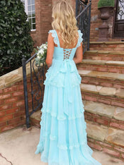 Ethereal Sky Blue Tiered Ruffle Chiffon Maxi Dress Gown