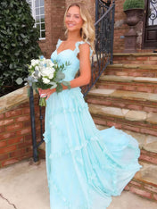 Ethereal Sky Blue Tiered Ruffle Chiffon Maxi Dress Gown