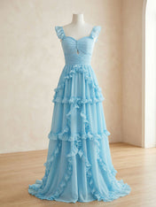 Ethereal Sky Blue Tiered Ruffle Chiffon Maxi Dress Gown