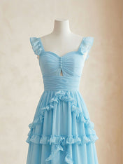 Ethereal Sky Blue Tiered Ruffle Chiffon Maxi Dress Gown