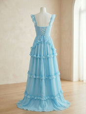 Ethereal Sky Blue Tiered Ruffle Chiffon Maxi Dress Gown