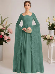 A-line Square Floor-Length Chiffon Lace Evening Dress With Beading Pleated