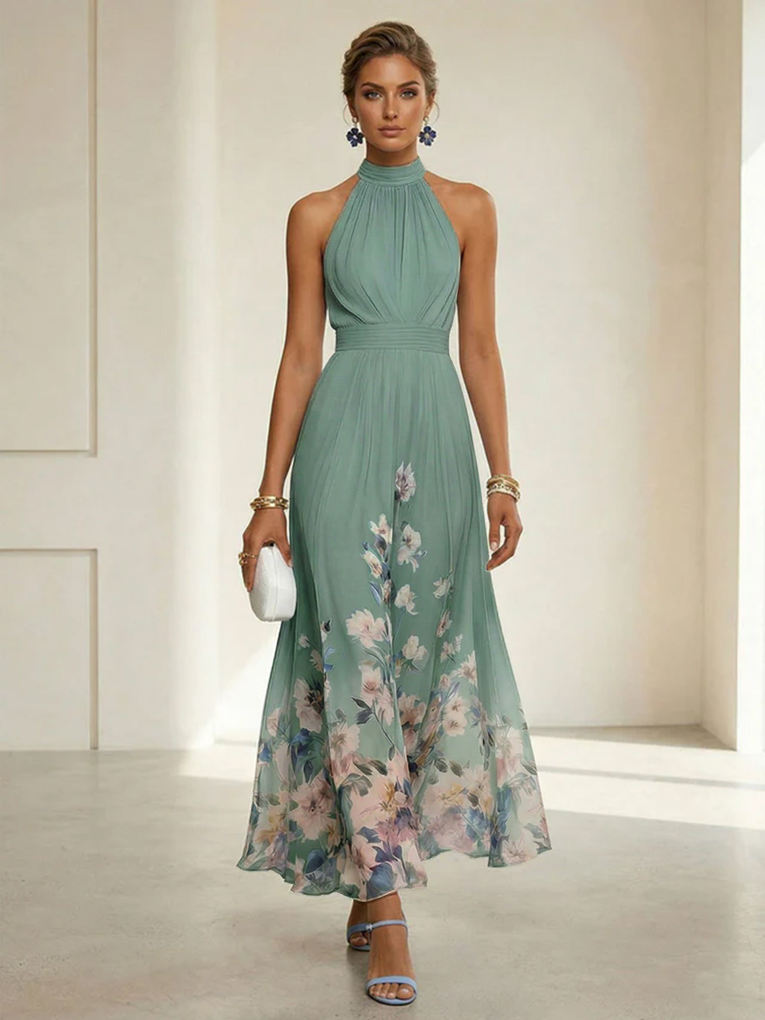 Light Blue Floral Chiffon Halter Sleeveless A-Line Maxi Dress Gown