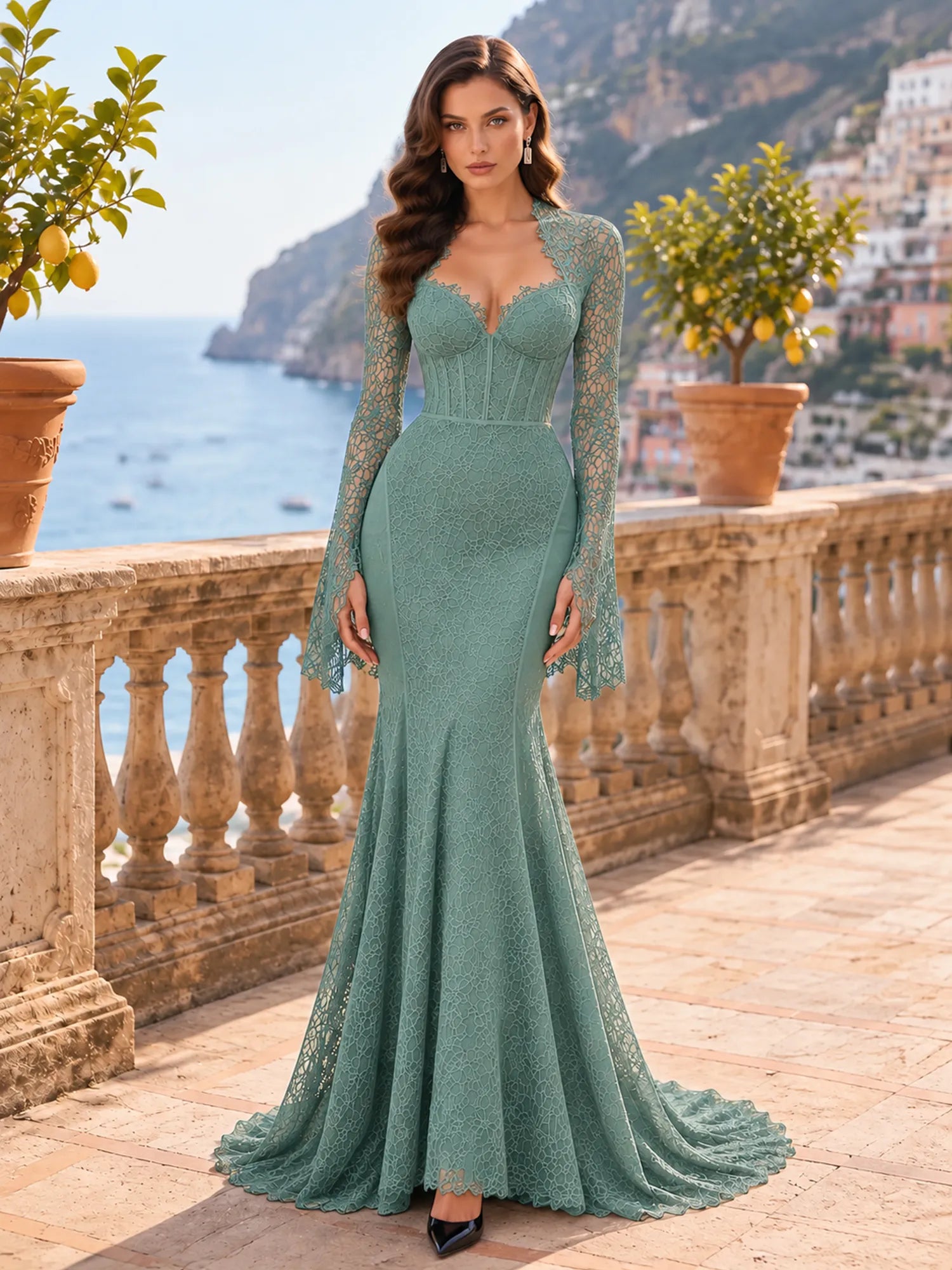 Long-Sleeve Lace-Trimmed Mermaid Evening Dress