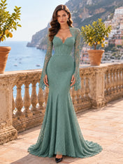 Long-Sleeve Lace-Trimmed Mermaid Evening Dress