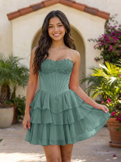 Pink Lace Strapless Corset Mini Dress Tiered Chiffon Skirt Lace Up Back Homecoming Dresses