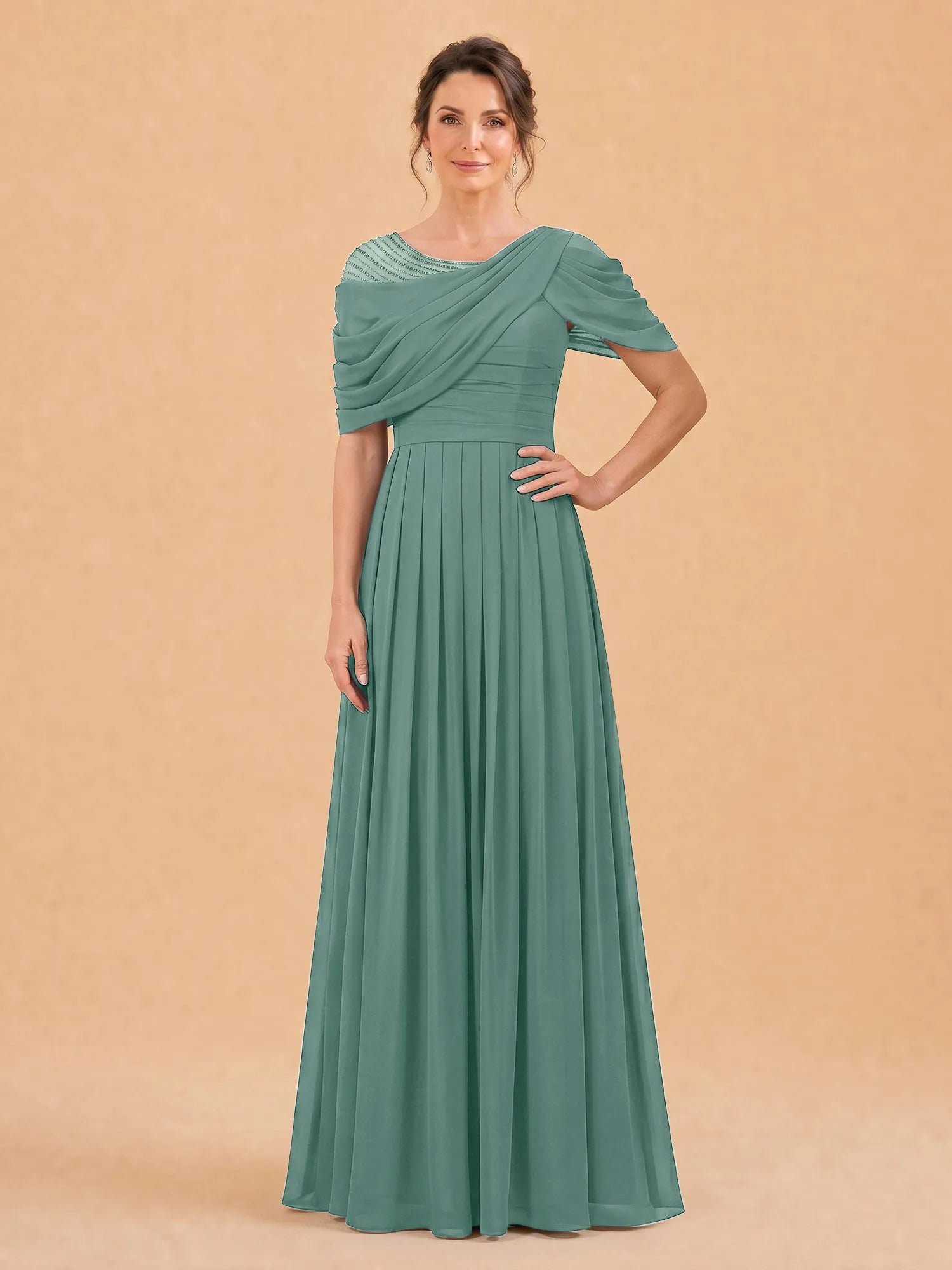 One-Shoulder Cape Overlay Chiffon Mother of the Bride Dress
