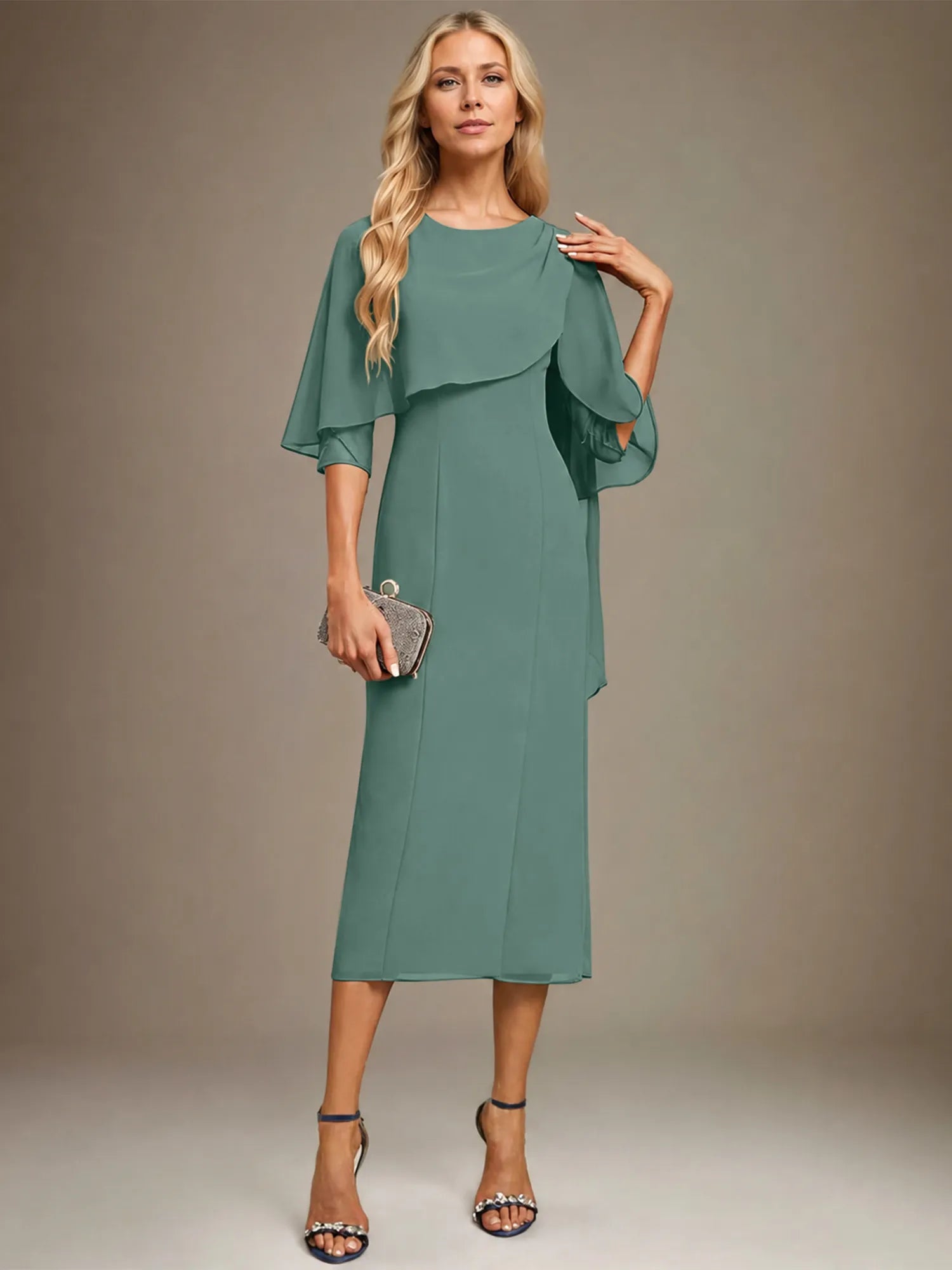 Column Scoop Tea Length Chiffon Dress With Pleated Beading