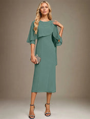 Sheath/Column Scoop Tea Length Chiffon Dress With Pleated Beading