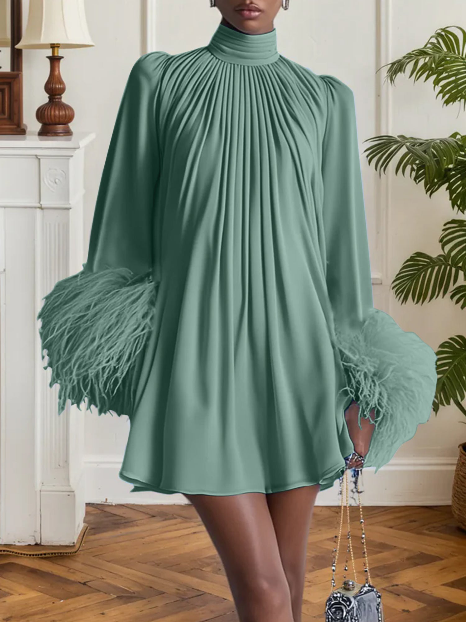 Blue Feather Ruched Chiffon Mock Neck Long Sleeve A-Line Mini Dress