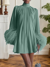 Blue Feather Ruched Chiffon Mock Neck Long Sleeve A-Line Mini Dress