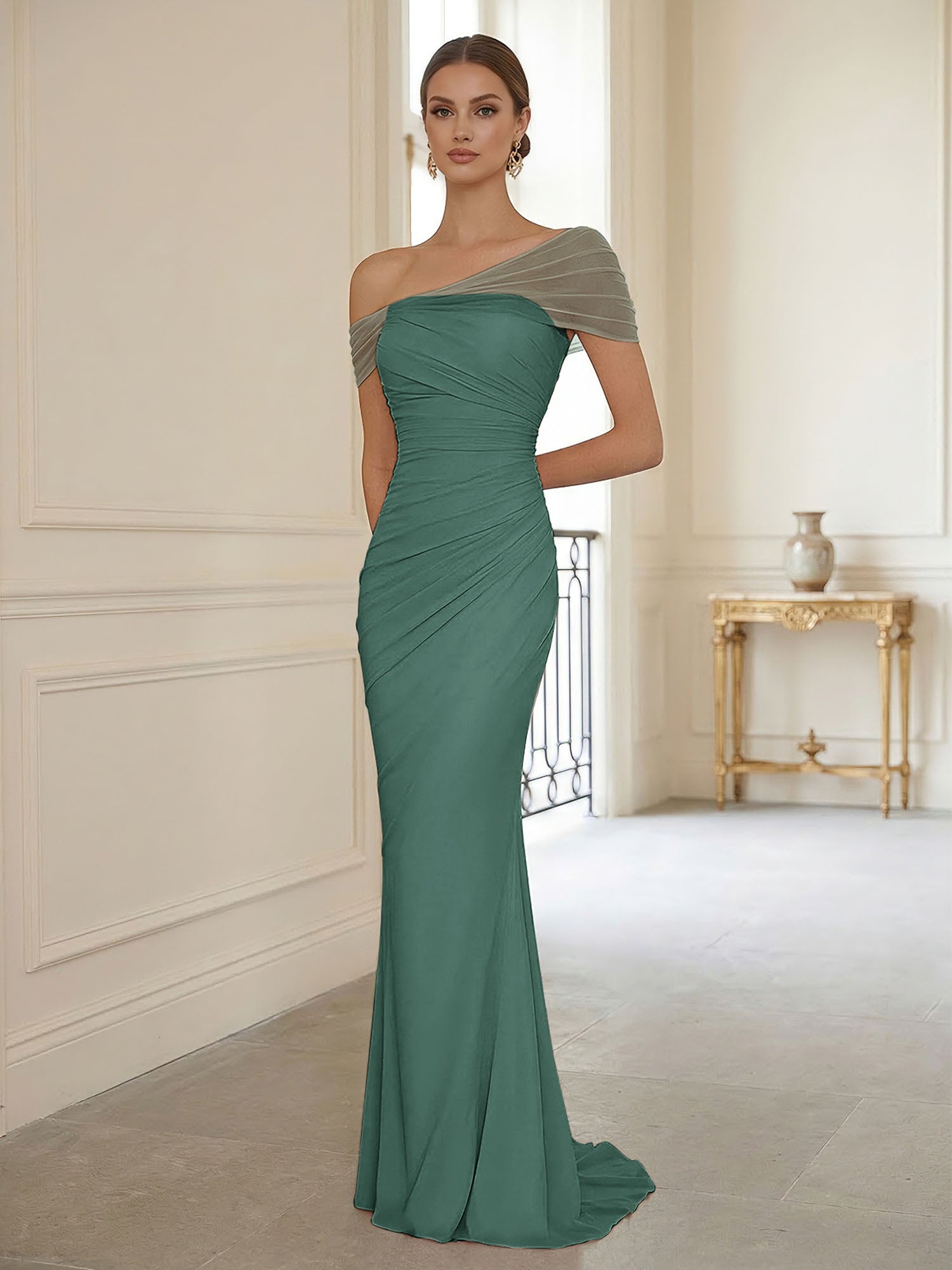 Sophisticated Blush Pink Asymmetrical Ruched Maxi Dress Evening Gown
