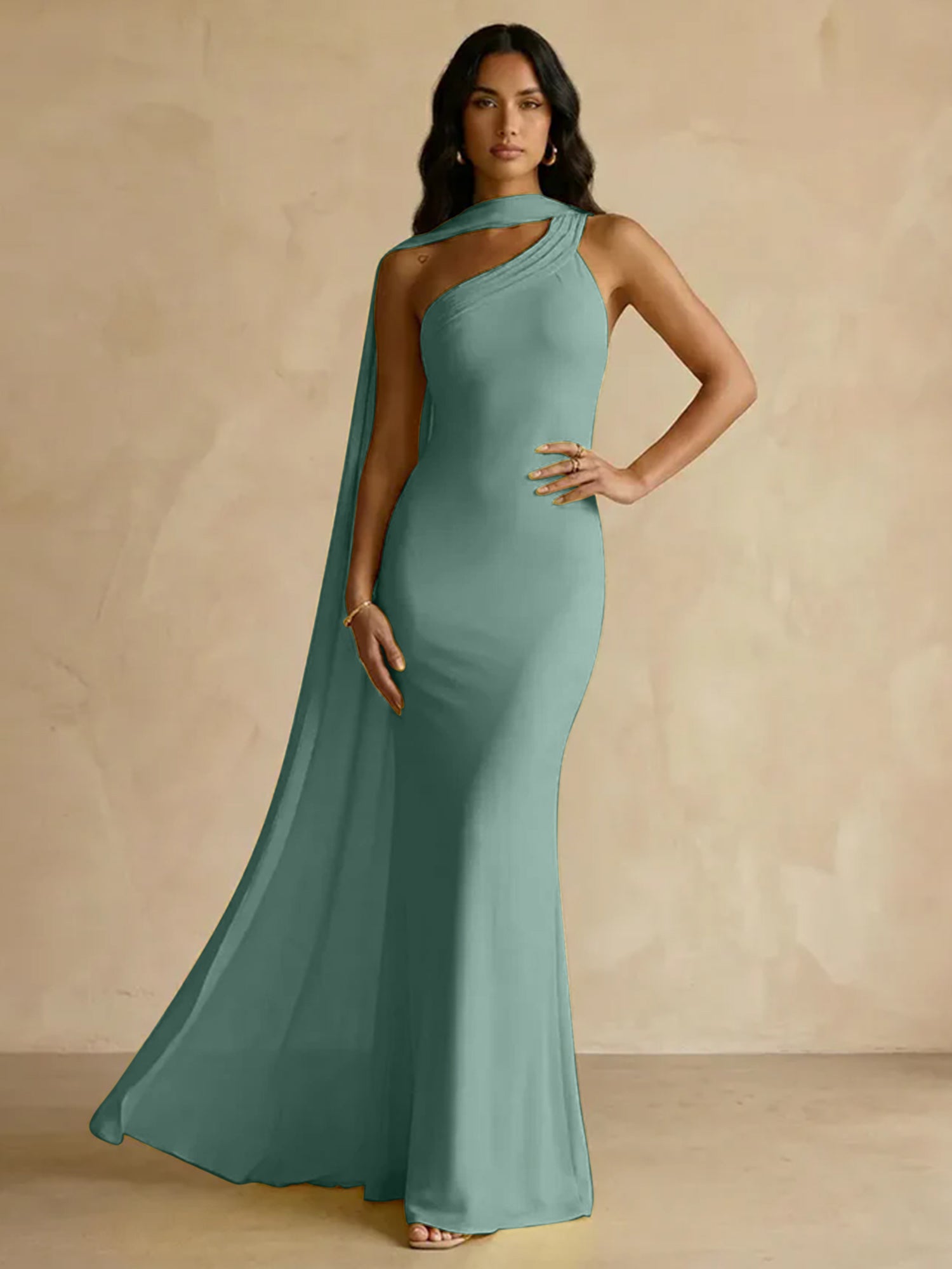Yellow One-Shoulder Crepe Sheath Gown with Flowing Chiffon Cape Train