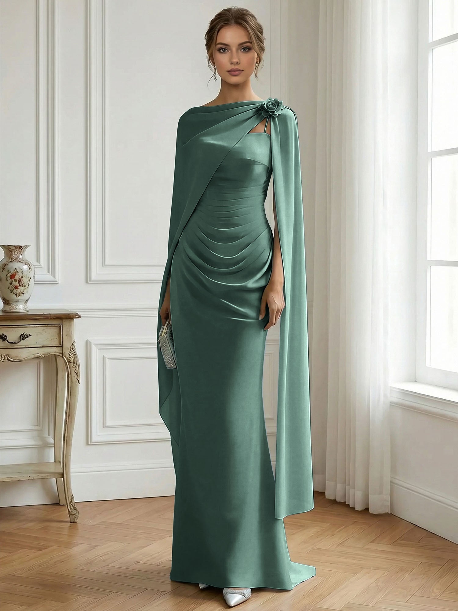 Formal Evening Gown Ice Blue Ruched Satin Maxi Dress with Sheer Floral Cape